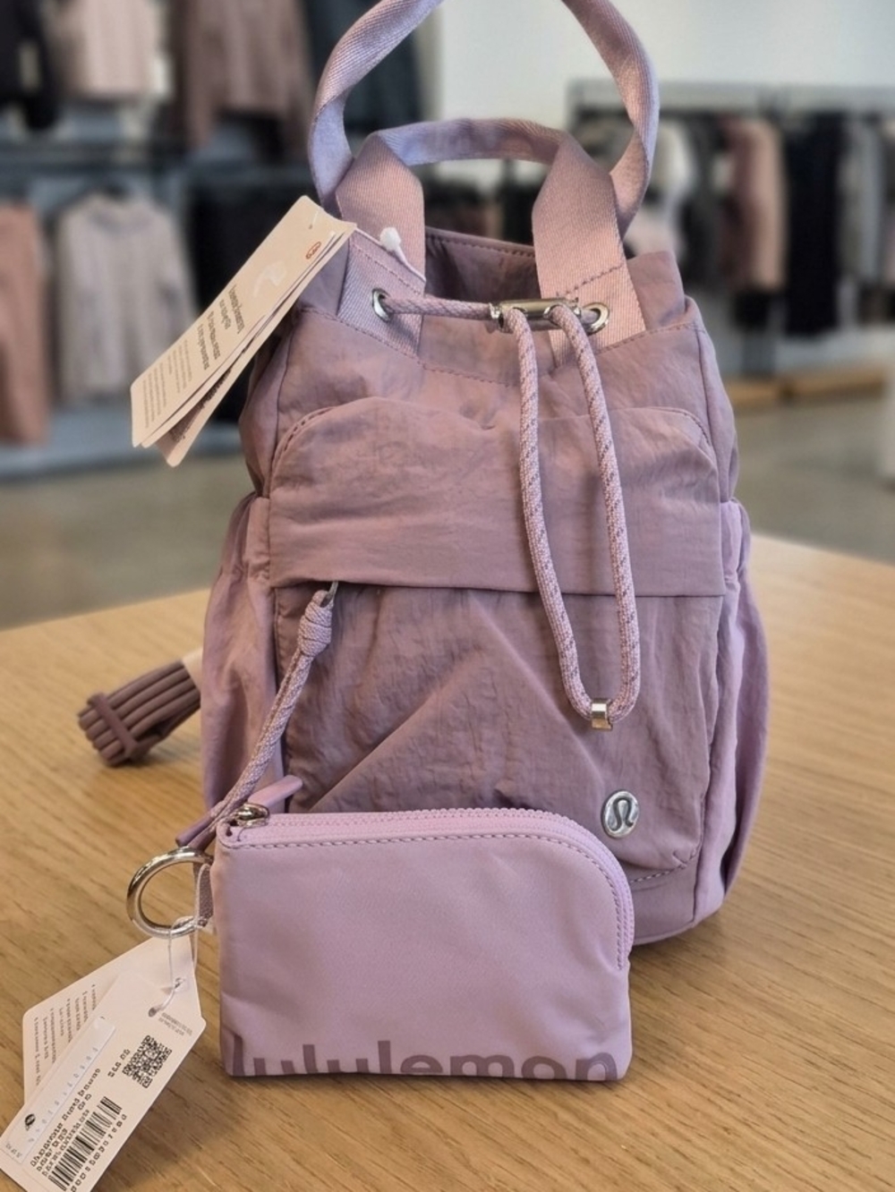 Lululemon SET Lilac Lavender Convertable Drawstring Bucket Bag & Clippable Pouch